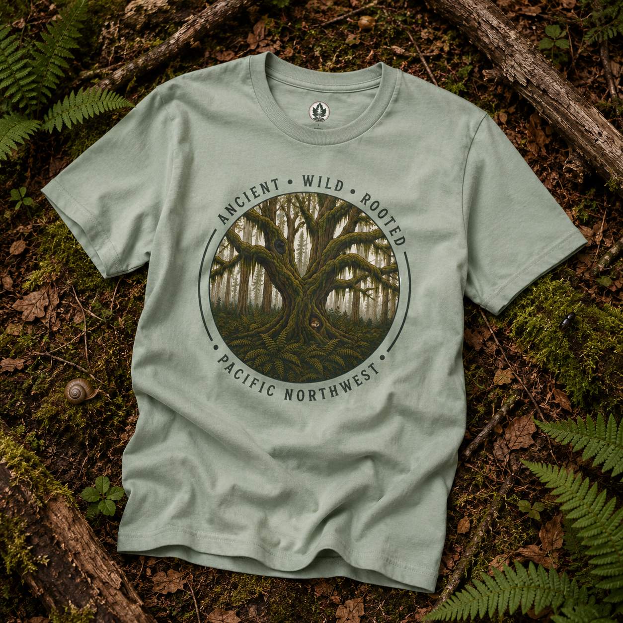 Copy of Pacific Northwest Tree T‑Shirt - "Ancient - Wild - Rooted" with Otto and Echo in the tree