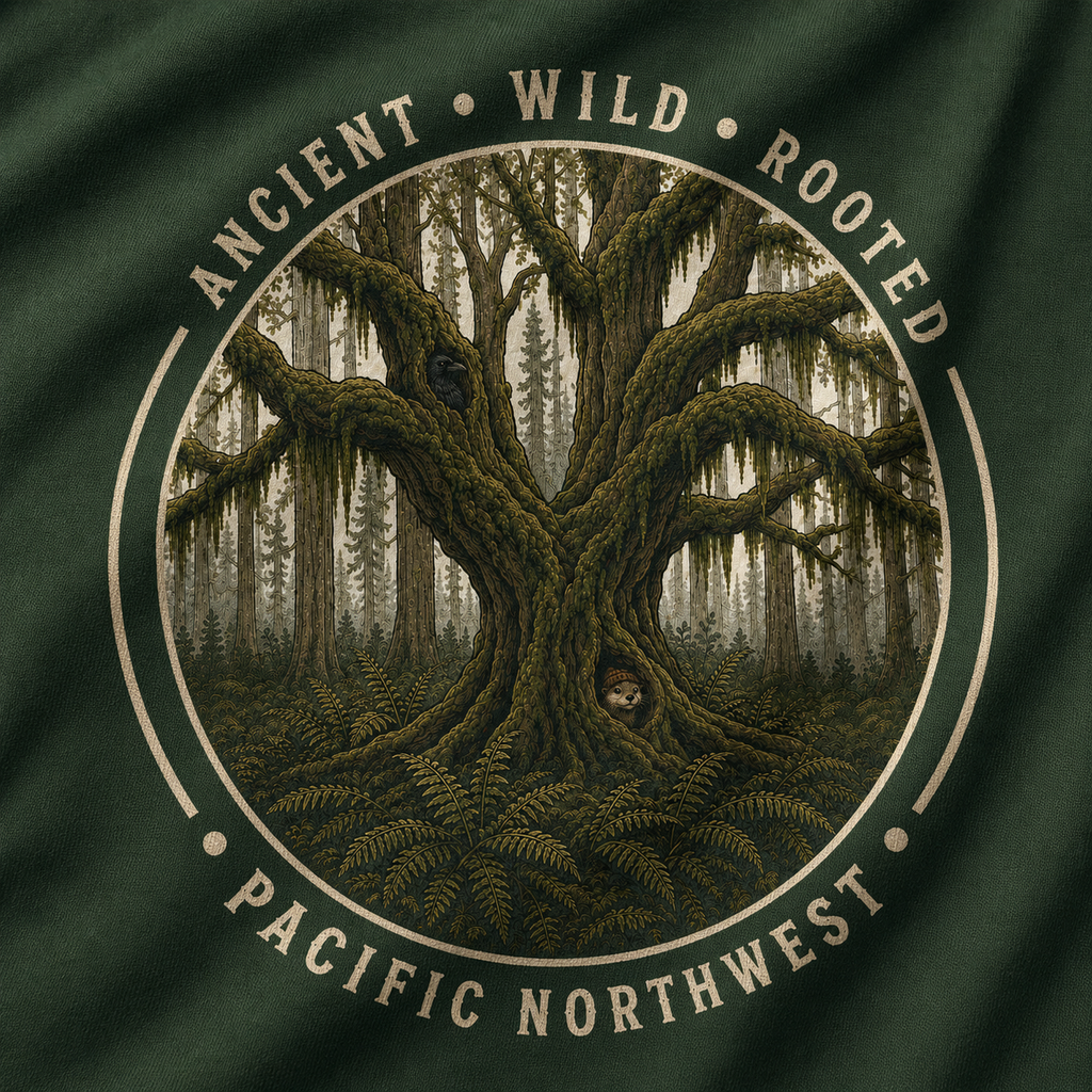Copy of Pacific Northwest Tree T‑Shirt - "Ancient - Wild - Rooted" with Otto and Echo in the tree