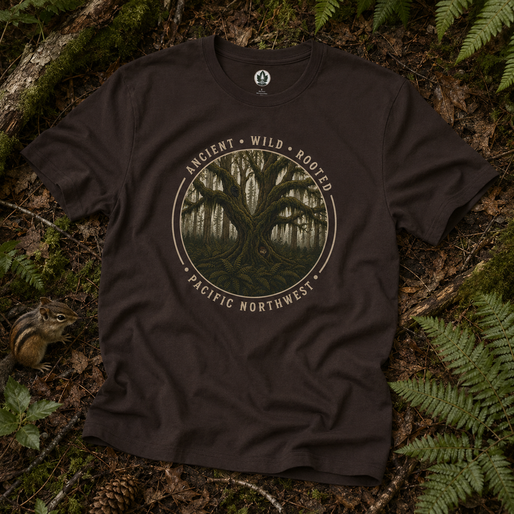 Copy of Pacific Northwest Tree T‑Shirt - "Ancient - Wild - Rooted" with Otto and Echo in the tree