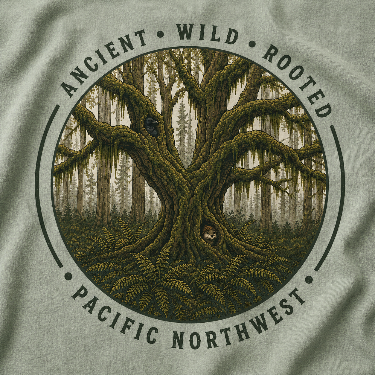 Copy of Pacific Northwest Tree T‑Shirt - "Ancient - Wild - Rooted" with Otto and Echo in the tree