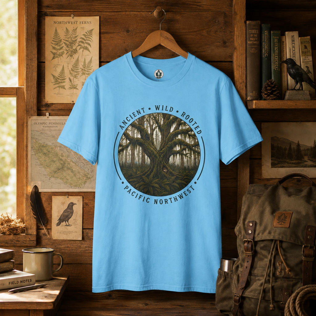 Pacific Northwest Tree T‑Shirt - "Ancient - Wild - Rooted" with Otto and Echo in the tree