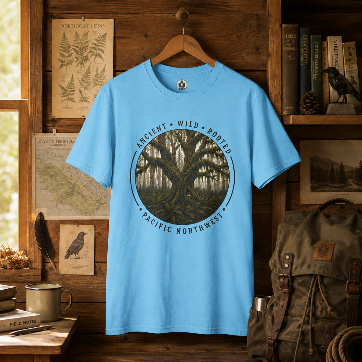 Pacific Northwest Tree T‑Shirt - "Ancient - Wild - Rooted" with Otto and Echo in the tree