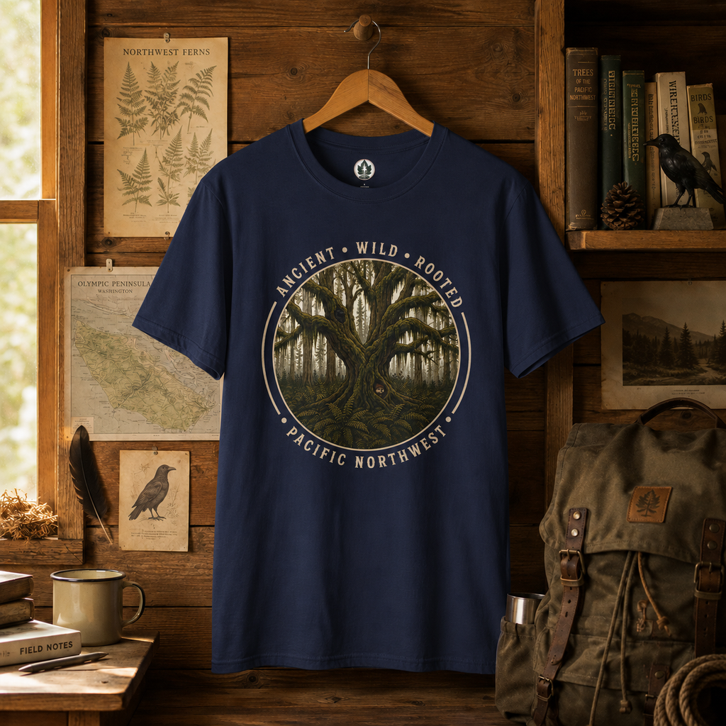 Pacific Northwest Tree T‑Shirt - "Ancient - Wild - Rooted" with Otto and Echo in the tree