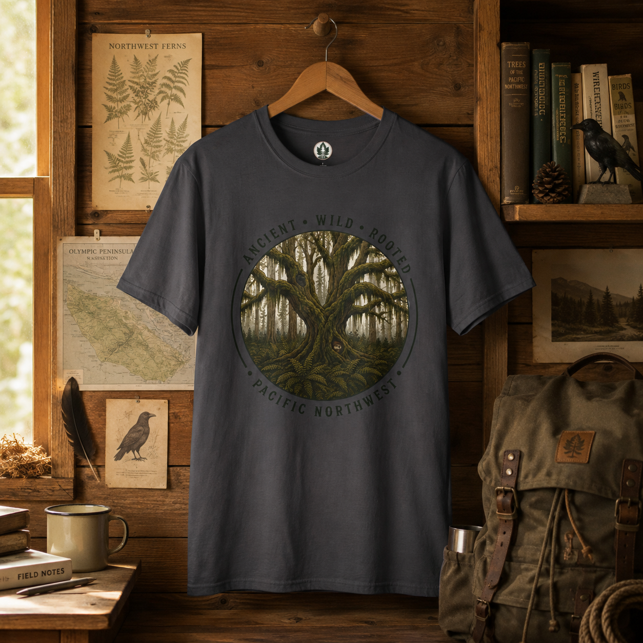 Pacific Northwest Tree T‑Shirt - "Ancient - Wild - Rooted" with Otto and Echo in the tree