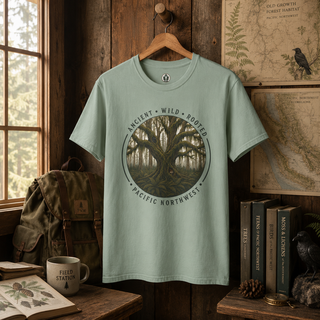 Pacific Northwest Tree T‑Shirt - "Ancient - Wild - Rooted" with Otto and Echo in the tree