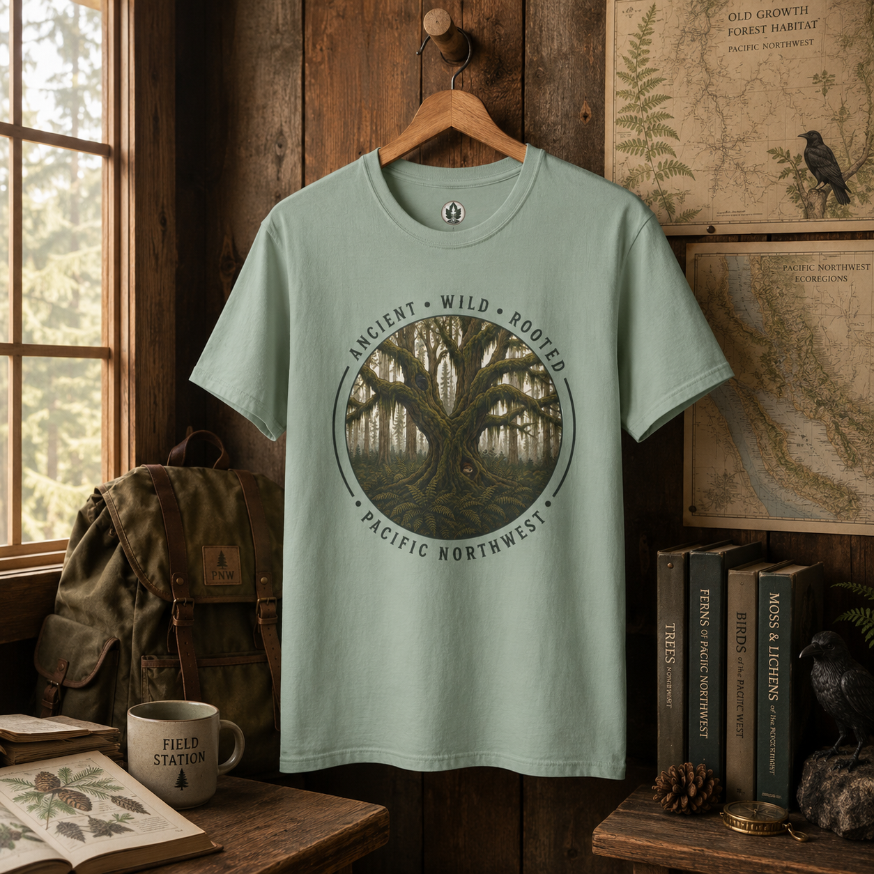 Pacific Northwest Tree T‑Shirt - "Ancient - Wild - Rooted" with Otto and Echo in the tree