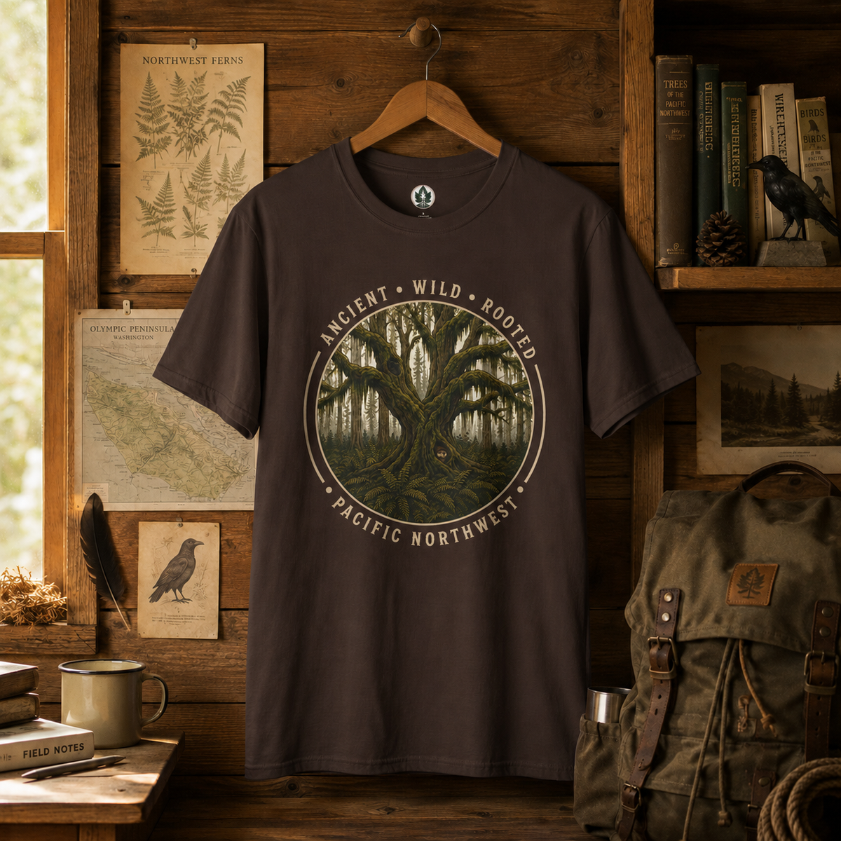 Pacific Northwest Tree T‑Shirt - "Ancient - Wild - Rooted" with Otto and Echo in the tree