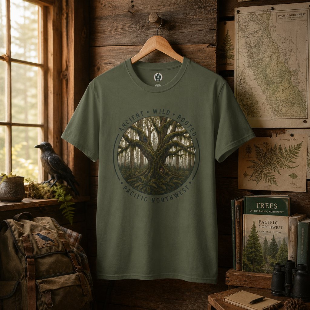 Pacific Northwest Tree T‑Shirt - "Ancient - Wild - Rooted" with Otto and Echo in the tree
