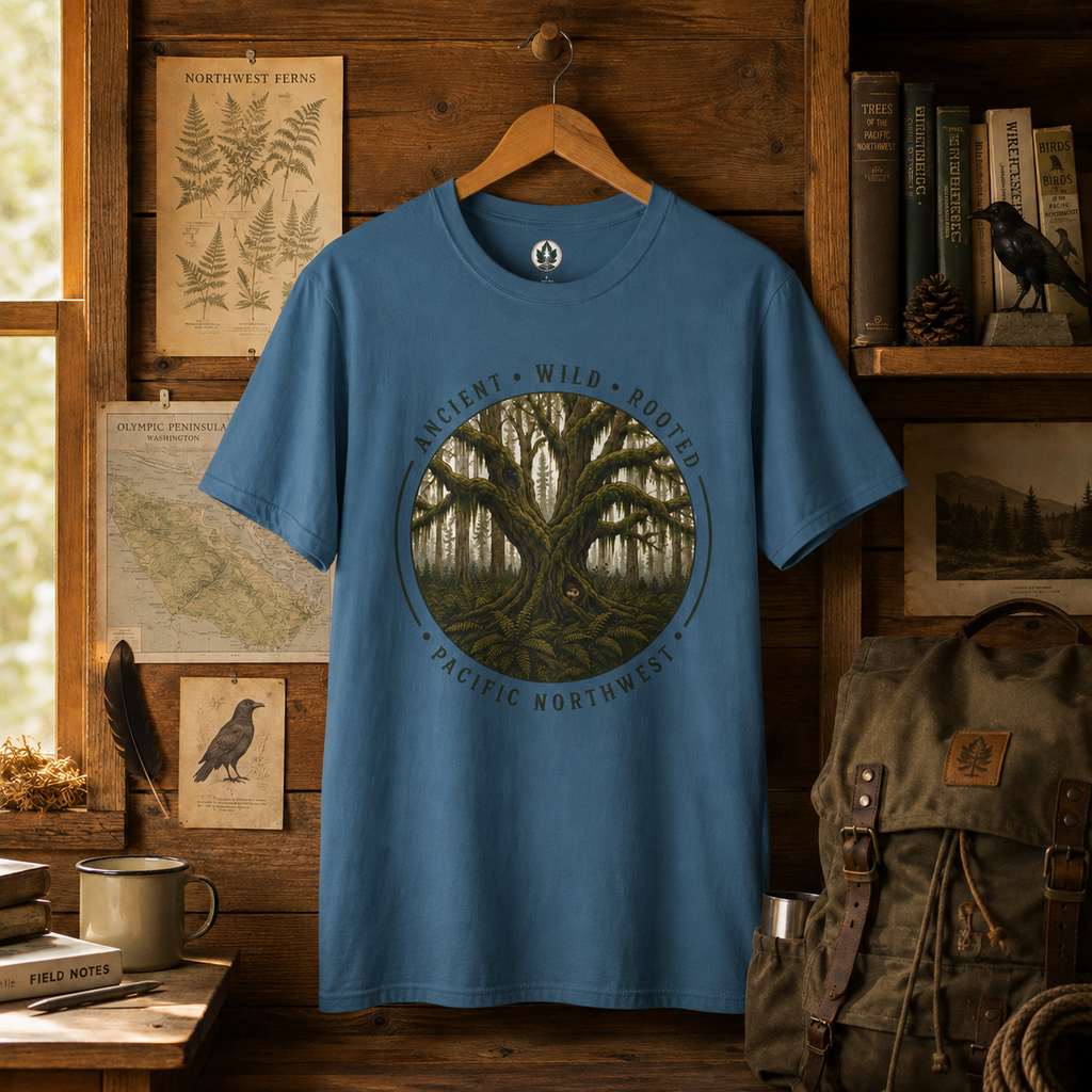 Pacific Northwest Tree T‑Shirt - "Ancient - Wild - Rooted" with Otto and Echo in the tree