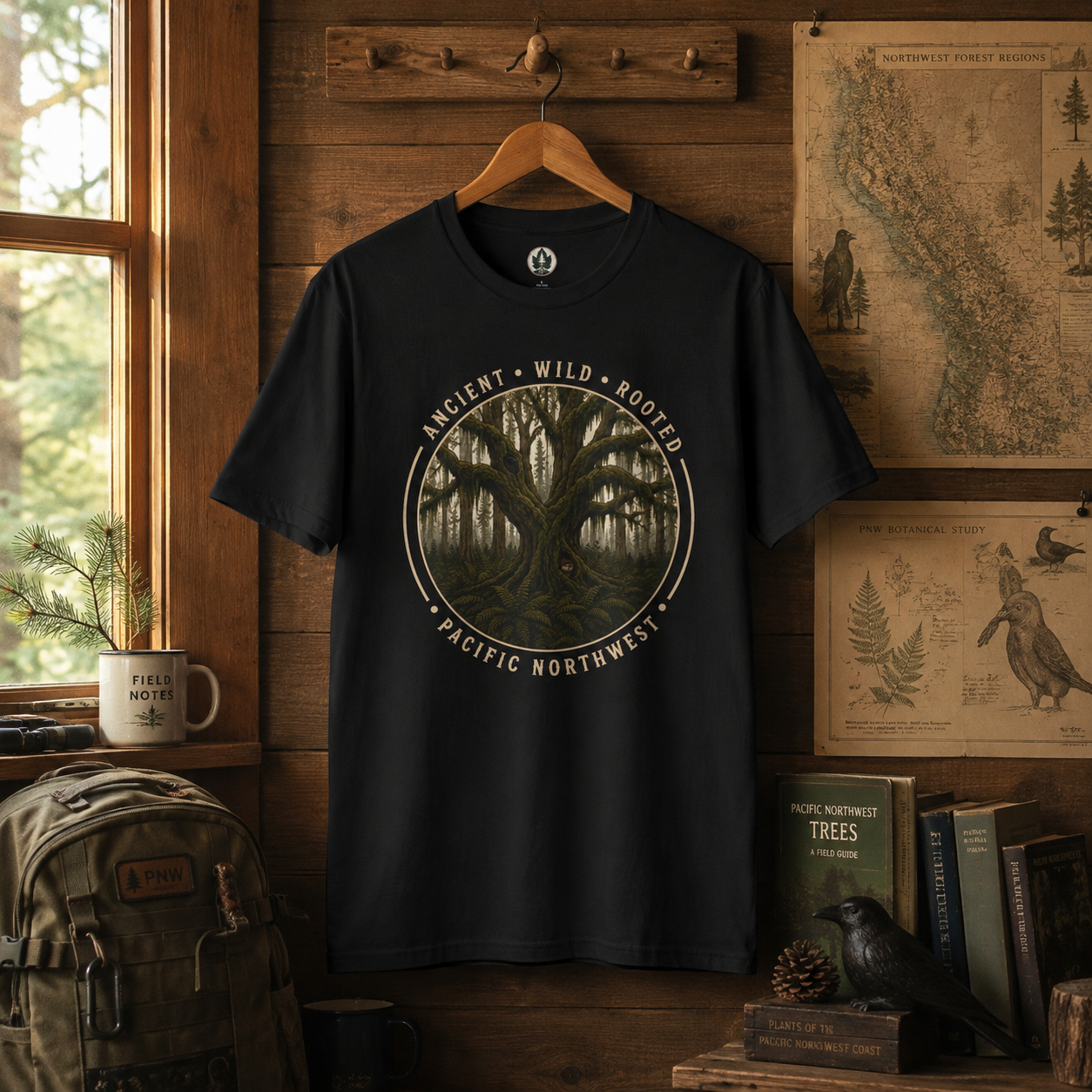 Pacific Northwest Tree T‑Shirt - "Ancient - Wild - Rooted" with Otto and Echo in the tree