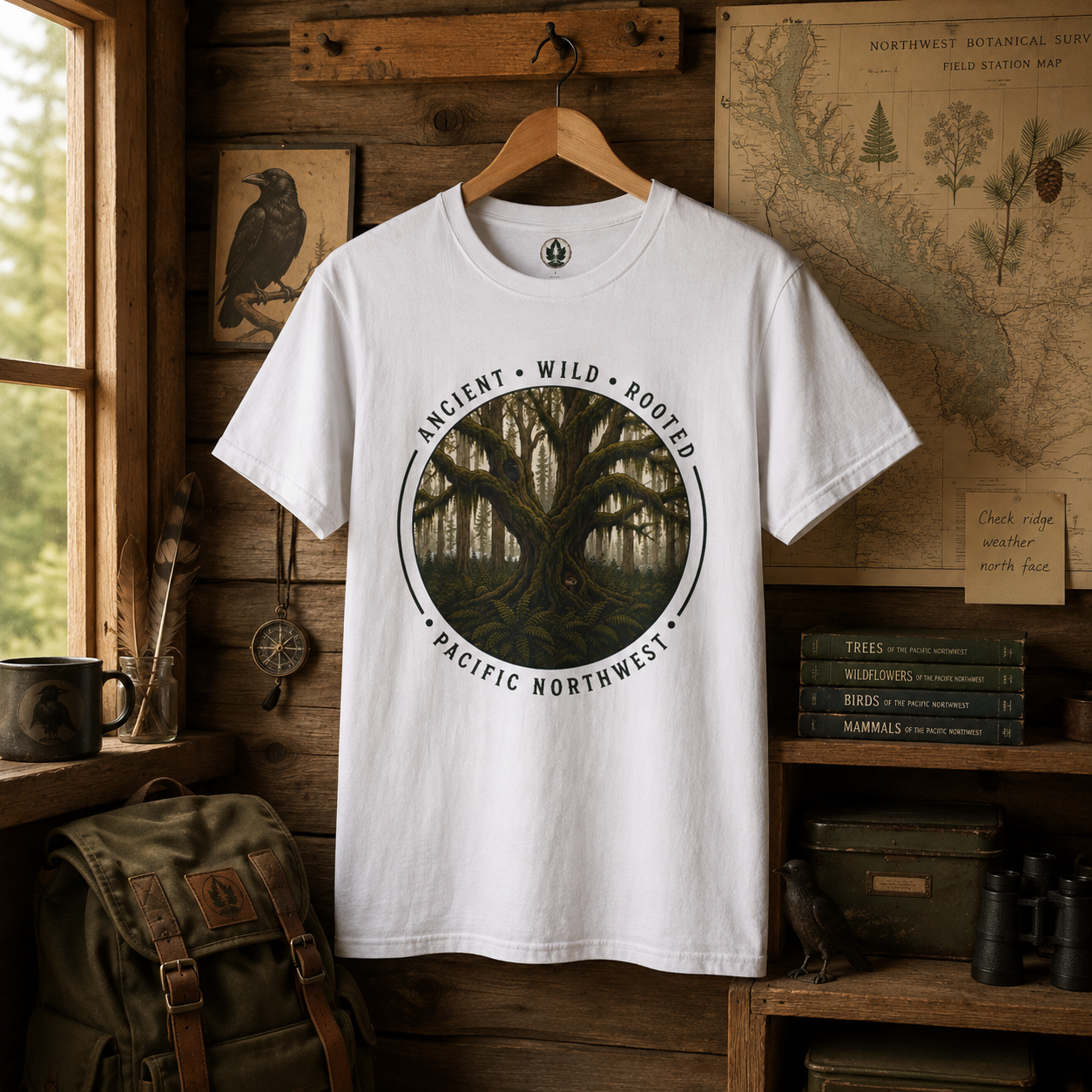 Pacific Northwest Tree T‑Shirt - "Ancient - Wild - Rooted" with Otto and Echo in the tree