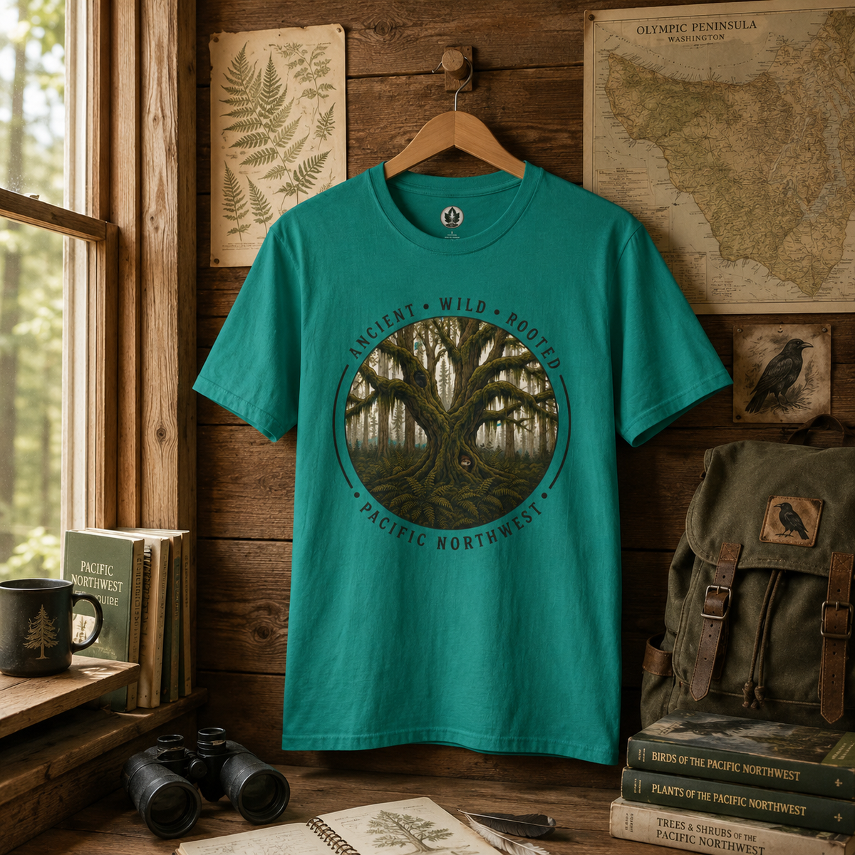 Pacific Northwest Tree T‑Shirt - "Ancient - Wild - Rooted" with Otto and Echo in the tree