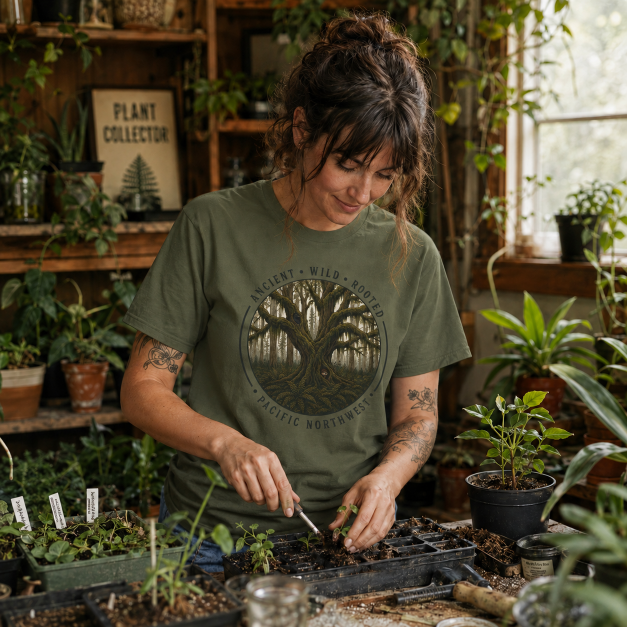 Pacific Northwest Tree T‑Shirt - "Ancient - Wild - Rooted" with Otto and Echo in the tree
