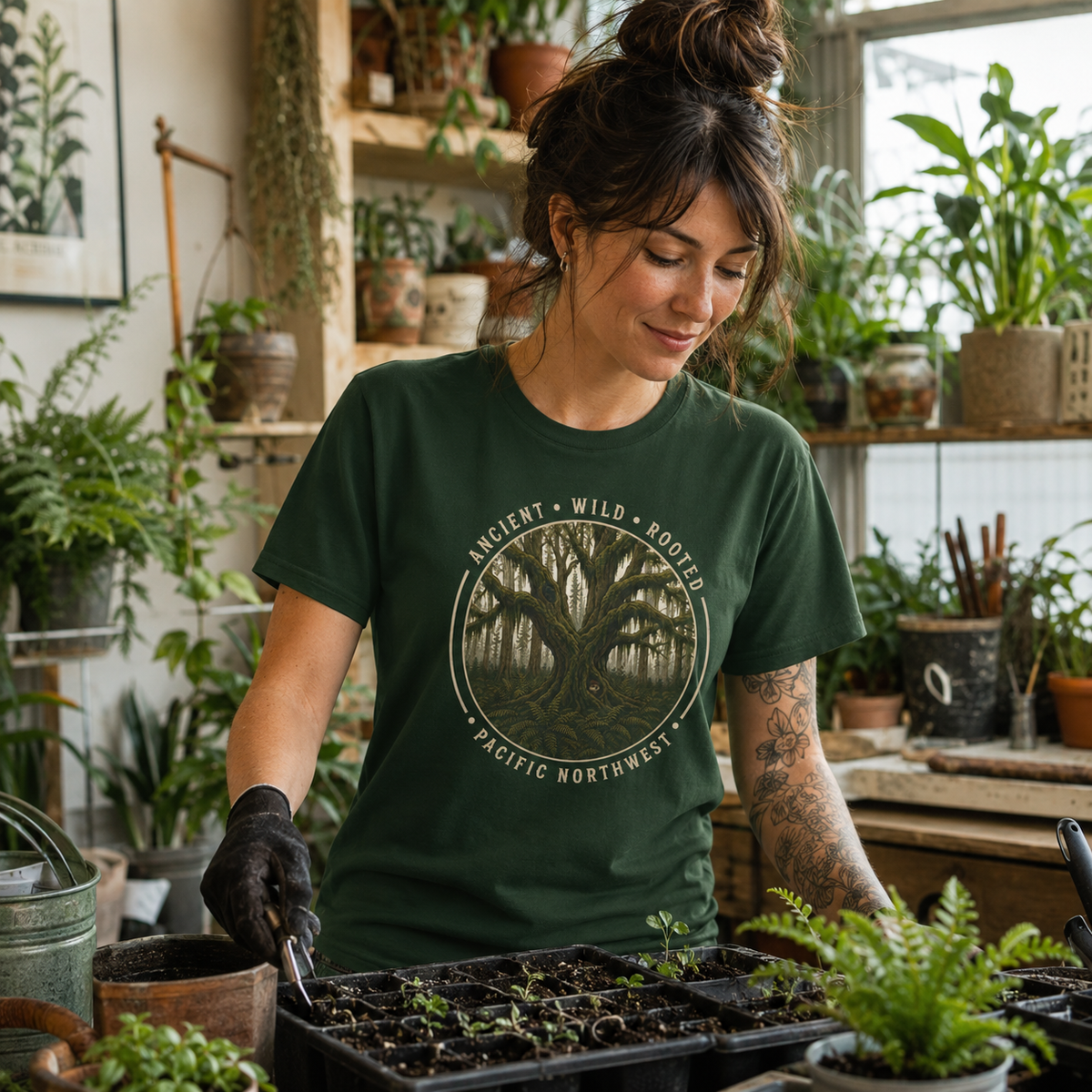 Pacific Northwest Tree T‑Shirt - "Ancient - Wild - Rooted" with Otto and Echo in the tree