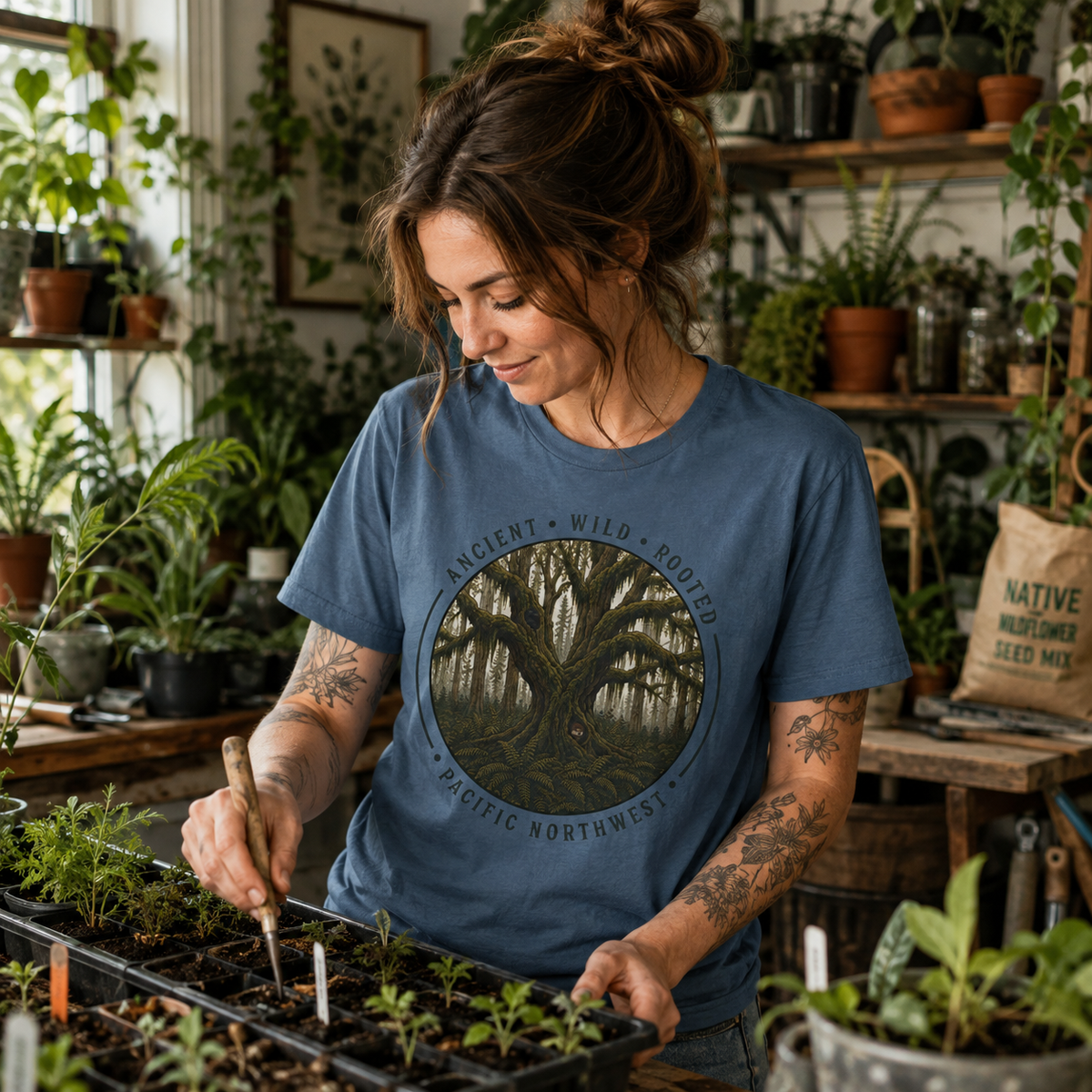 Pacific Northwest Tree T‑Shirt - "Ancient - Wild - Rooted" with Otto and Echo in the tree