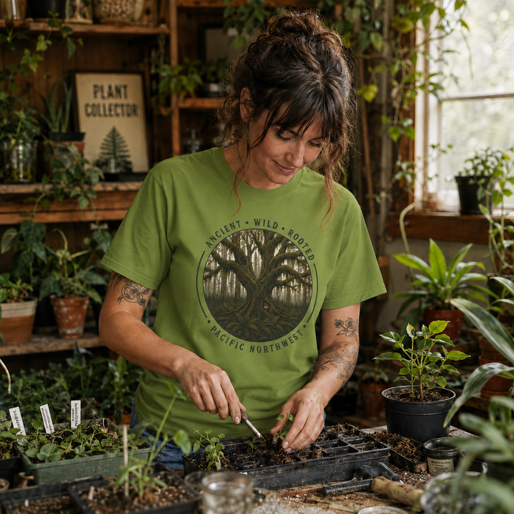 Pacific Northwest Tree T‑Shirt - "Ancient - Wild - Rooted" with Otto and Echo in the tree