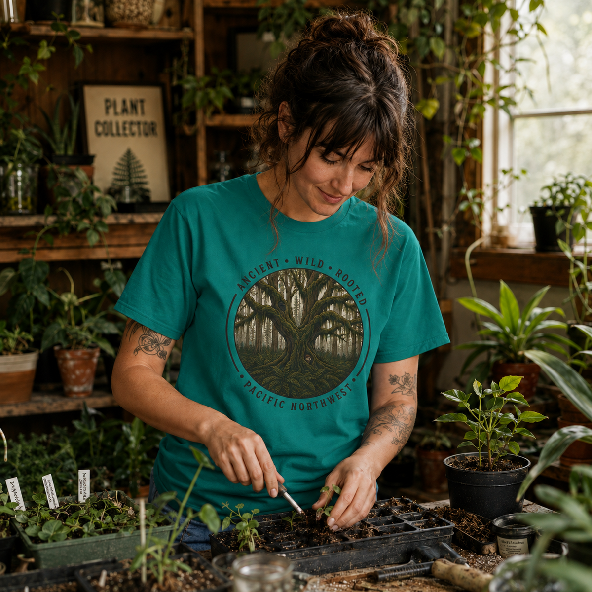 Pacific Northwest Tree T‑Shirt - "Ancient - Wild - Rooted" with Otto and Echo in the tree