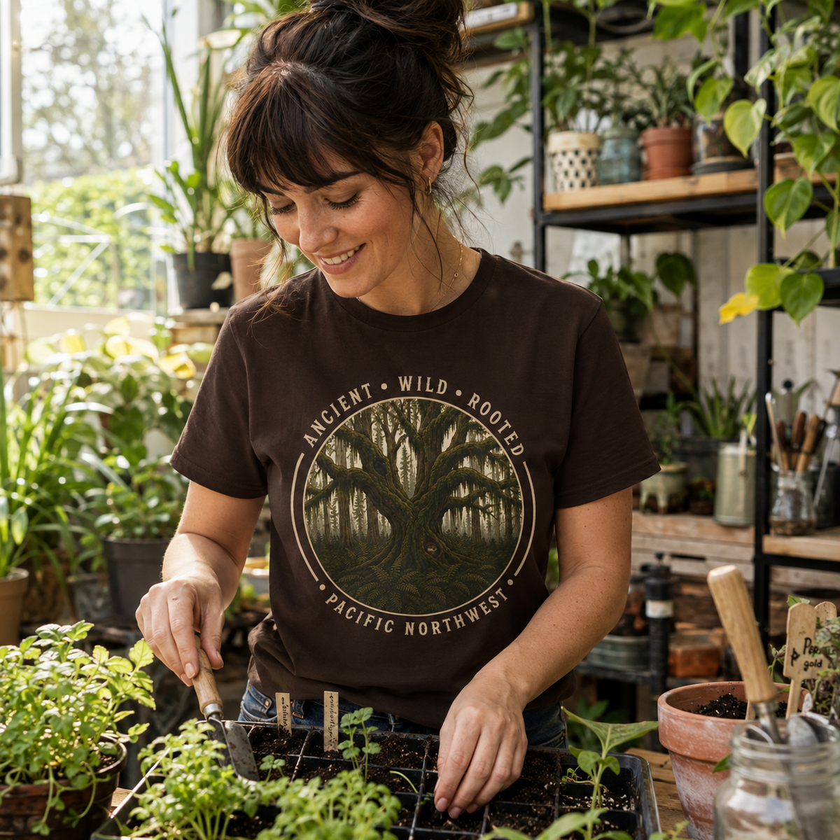 Pacific Northwest Tree T‑Shirt - "Ancient - Wild - Rooted" with Otto and Echo in the tree