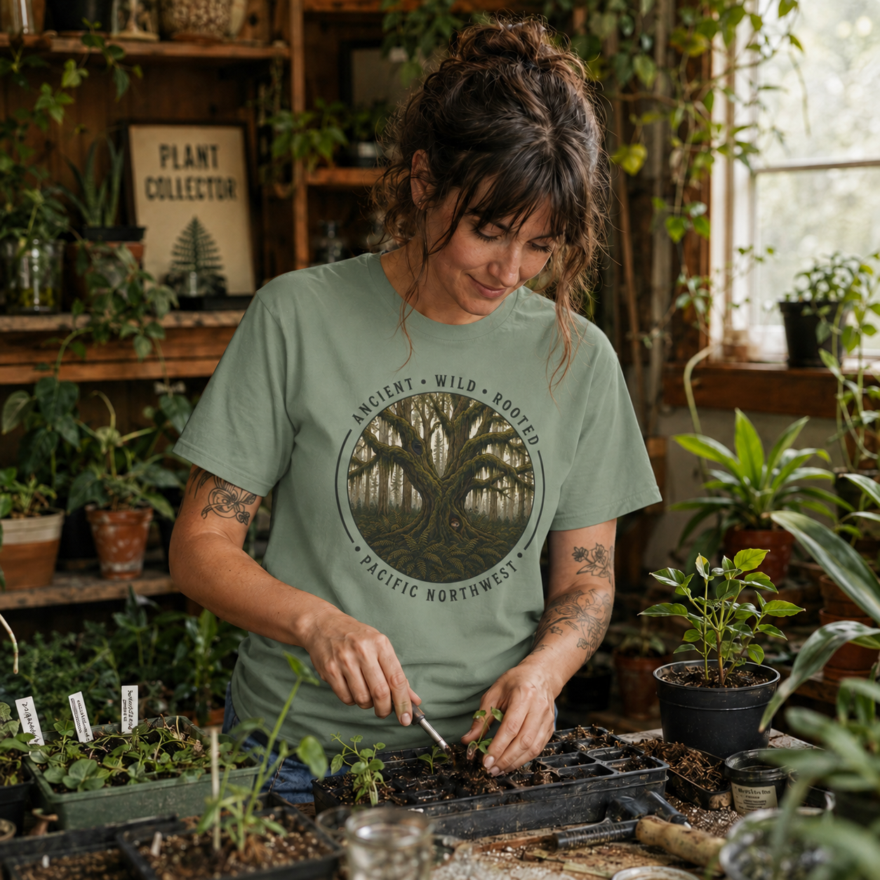 Pacific Northwest Tree T‑Shirt - "Ancient - Wild - Rooted" with Otto and Echo in the tree