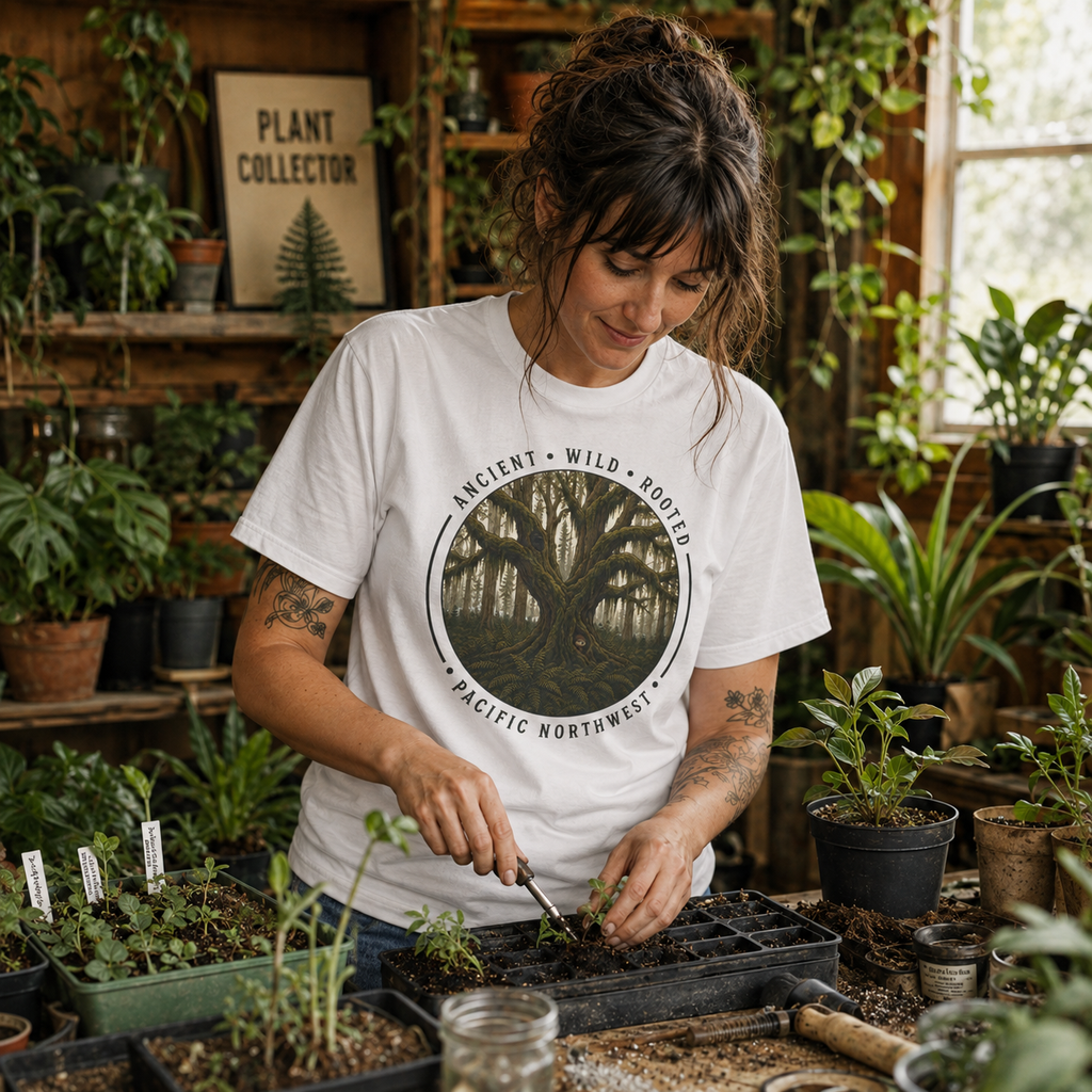 Pacific Northwest Tree T‑Shirt - "Ancient - Wild - Rooted" with Otto and Echo in the tree