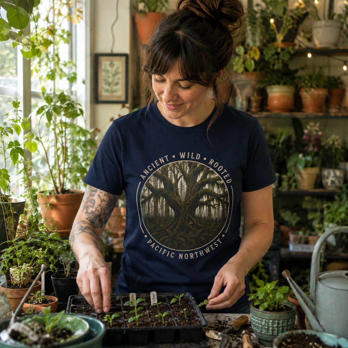 Pacific Northwest Tree T‑Shirt - "Ancient - Wild - Rooted" with Otto and Echo in the tree