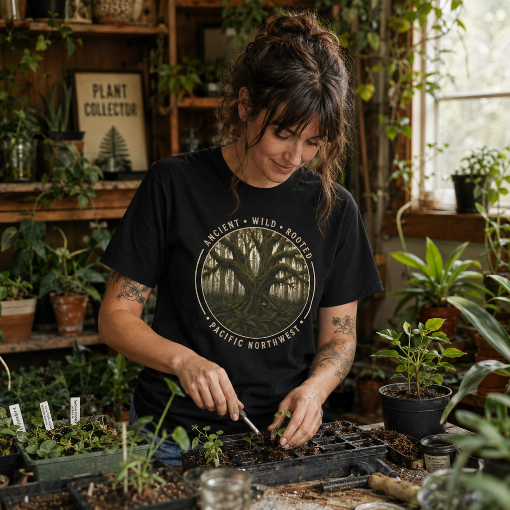 Pacific Northwest Tree T‑Shirt - "Ancient - Wild - Rooted" with Otto and Echo in the tree
