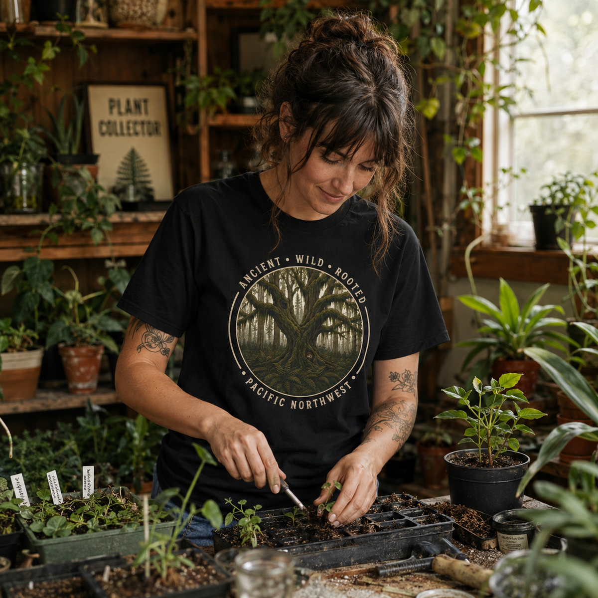 Pacific Northwest Tree T‑Shirt - "Ancient - Wild - Rooted" with Otto and Echo in the tree