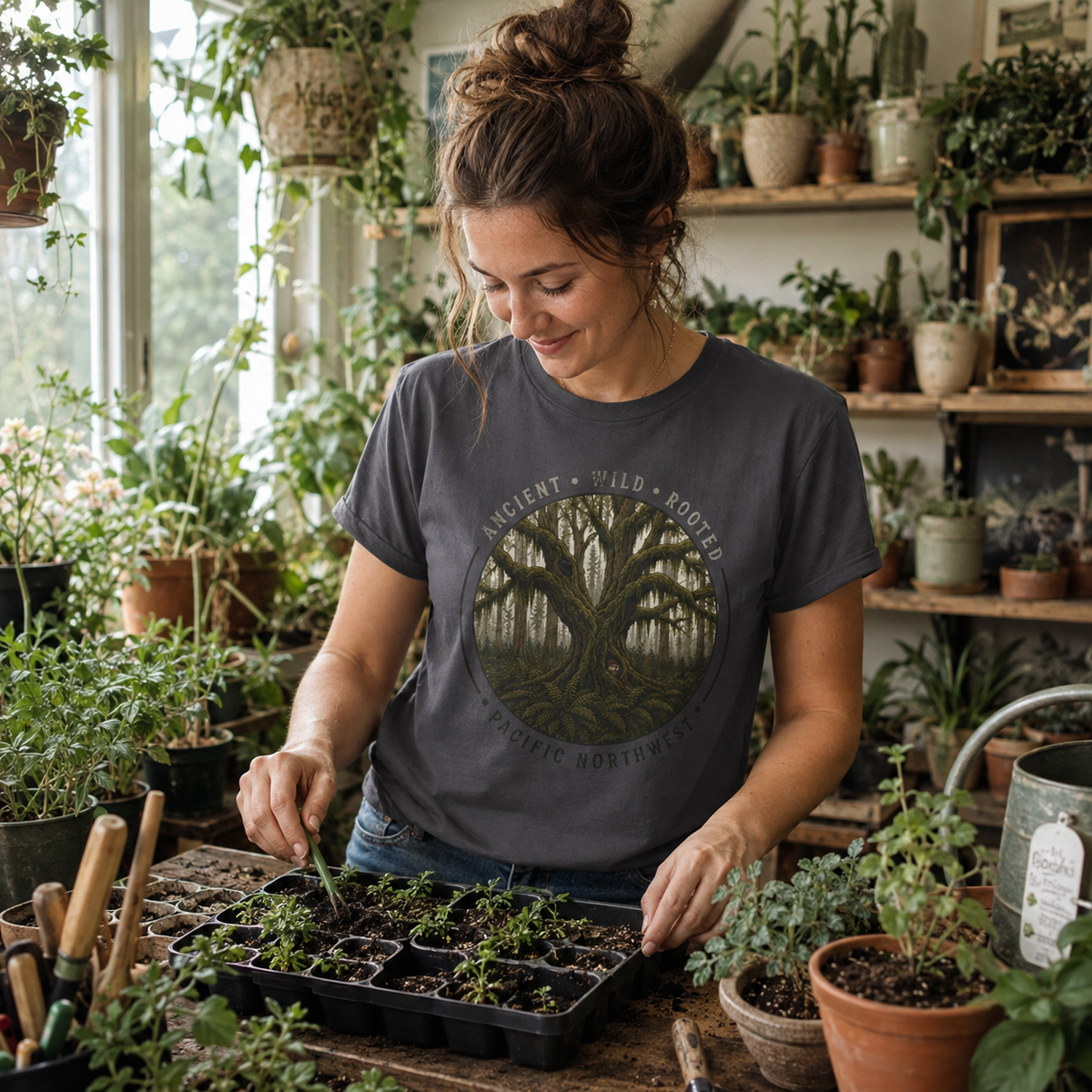 Pacific Northwest Tree T‑Shirt - "Ancient - Wild - Rooted" with Otto and Echo in the tree