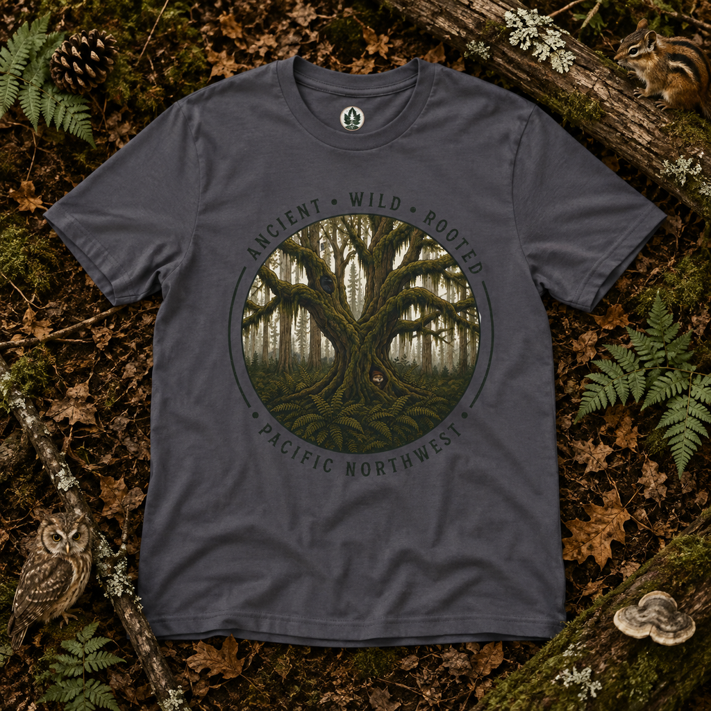 Pacific Northwest Tree T‑Shirt - "Ancient - Wild - Rooted" with Otto and Echo in the tree