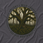 Pacific Northwest Tree T‑Shirt - "Ancient - Wild - Rooted" with Otto and Echo in the tree