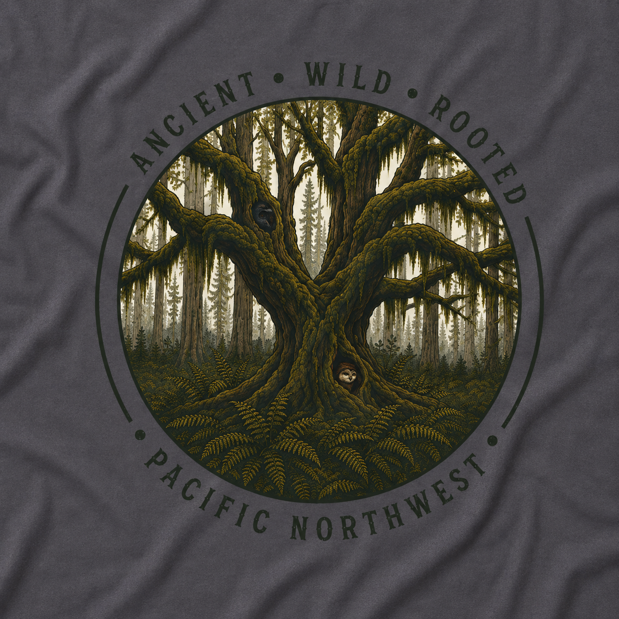 Pacific Northwest Tree T‑Shirt - "Ancient - Wild - Rooted" with Otto and Echo in the tree