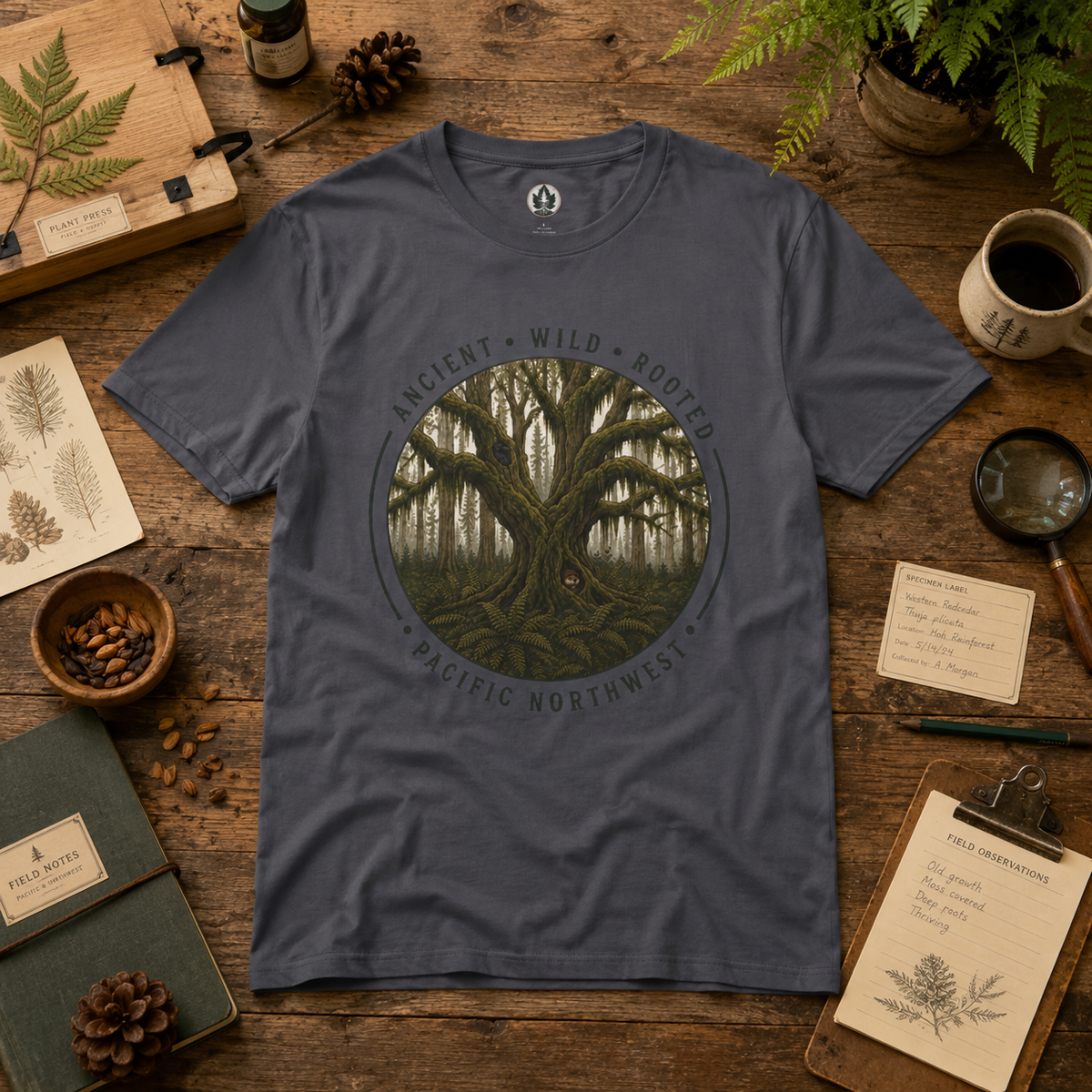 Pacific Northwest Tree T‑Shirt - "Ancient - Wild - Rooted" with Otto and Echo in the tree