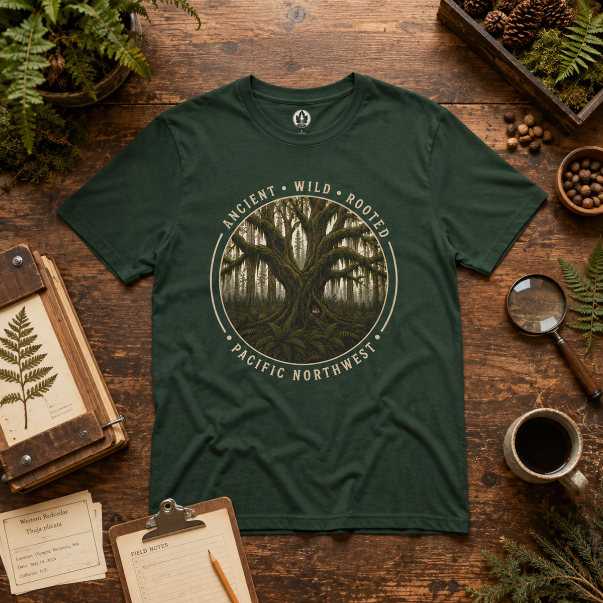 Pacific Northwest Tree T‑Shirt - "Ancient - Wild - Rooted" with Otto and Echo in the tree