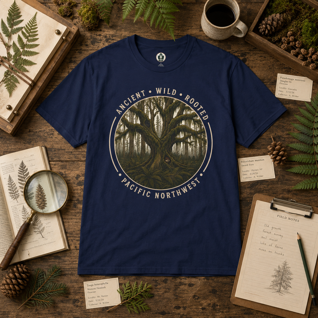 Pacific Northwest Tree T‑Shirt - "Ancient - Wild - Rooted" with Otto and Echo in the tree