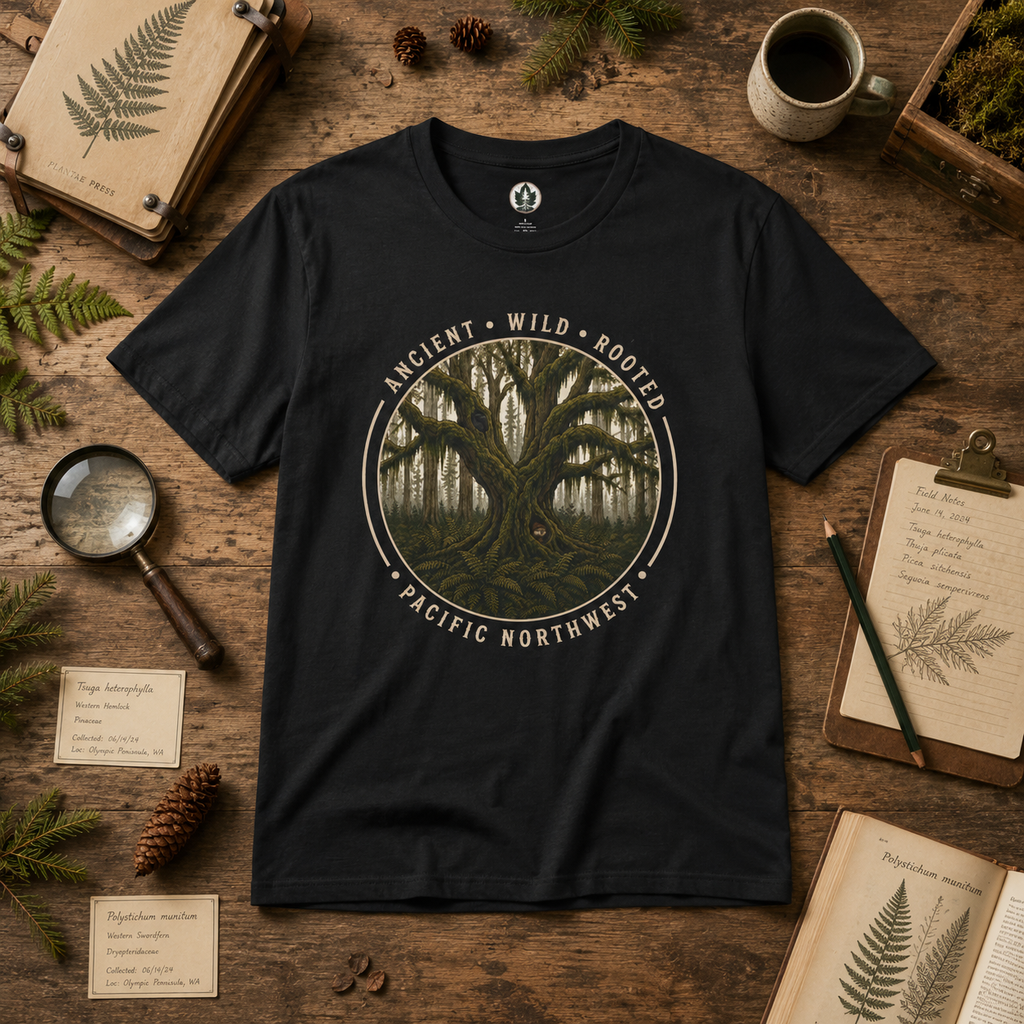 Pacific Northwest Tree T‑Shirt - "Ancient - Wild - Rooted" with Otto and Echo in the tree