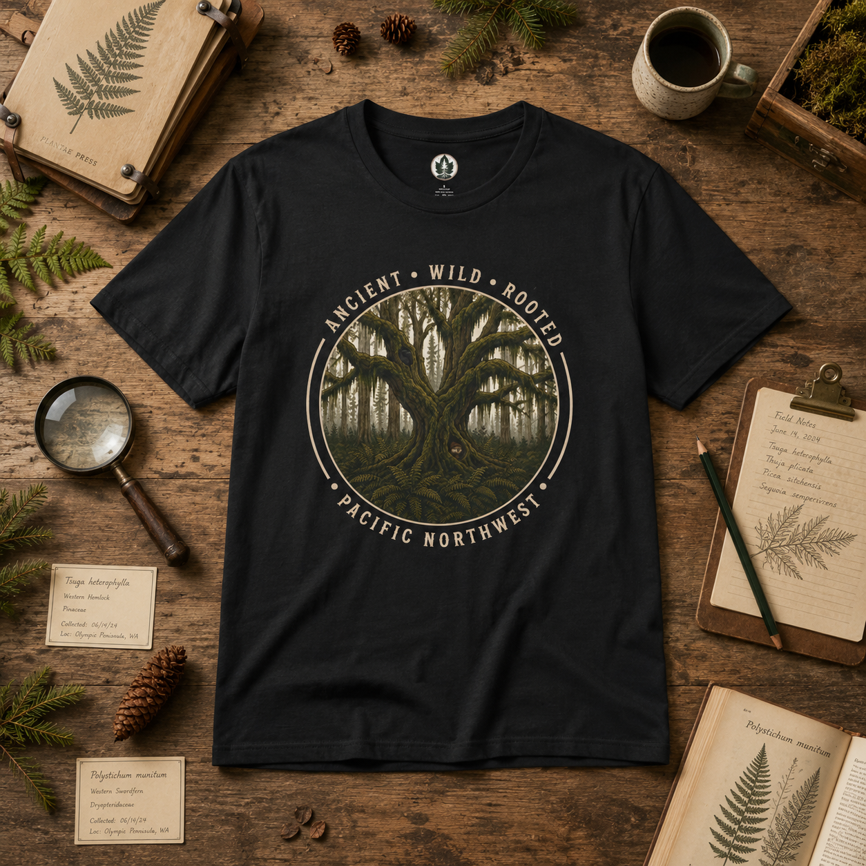 Pacific Northwest Tree T‑Shirt - "Ancient - Wild - Rooted" with Otto and Echo in the tree