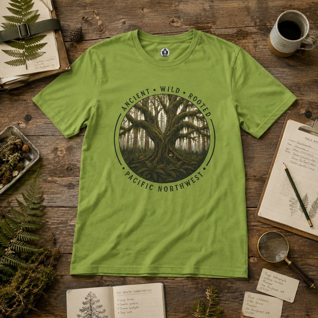 Pacific Northwest Tree T‑Shirt - "Ancient - Wild - Rooted" with Otto and Echo in the tree