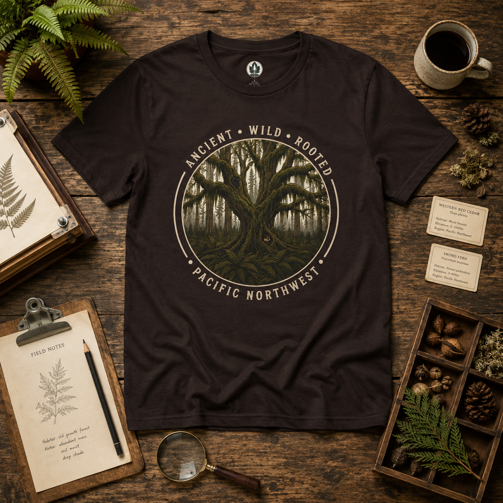 Pacific Northwest Tree T‑Shirt - "Ancient - Wild - Rooted" with Otto and Echo in the tree
