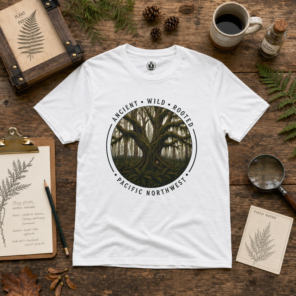 Pacific Northwest Tree T‑Shirt - "Ancient - Wild - Rooted" with Otto and Echo in the tree