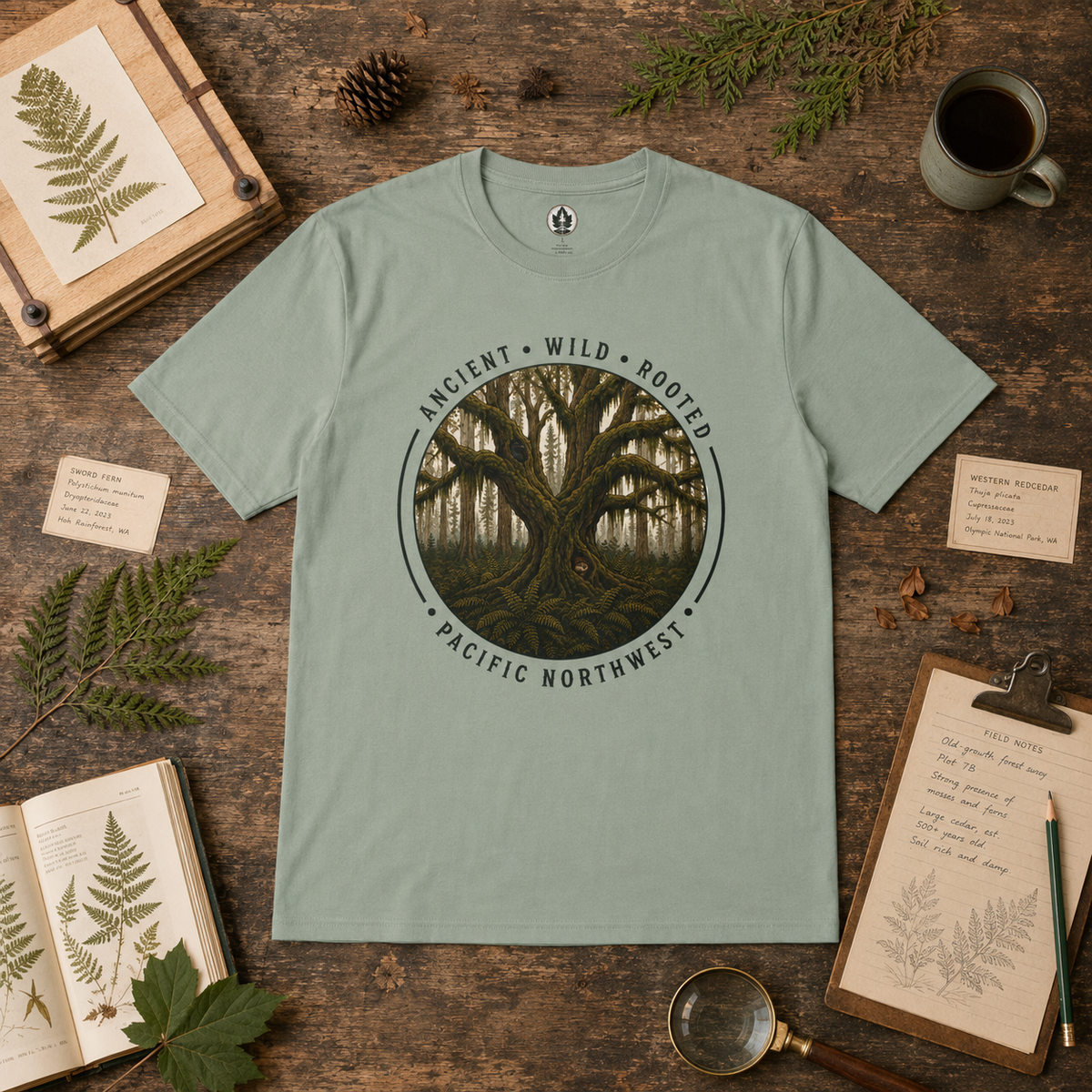 Pacific Northwest Tree T‑Shirt - "Ancient - Wild - Rooted" with Otto and Echo in the tree