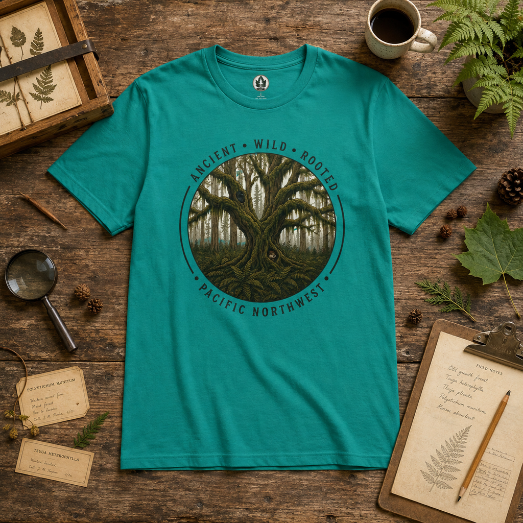 Pacific Northwest Tree T‑Shirt - "Ancient - Wild - Rooted" with Otto and Echo in the tree