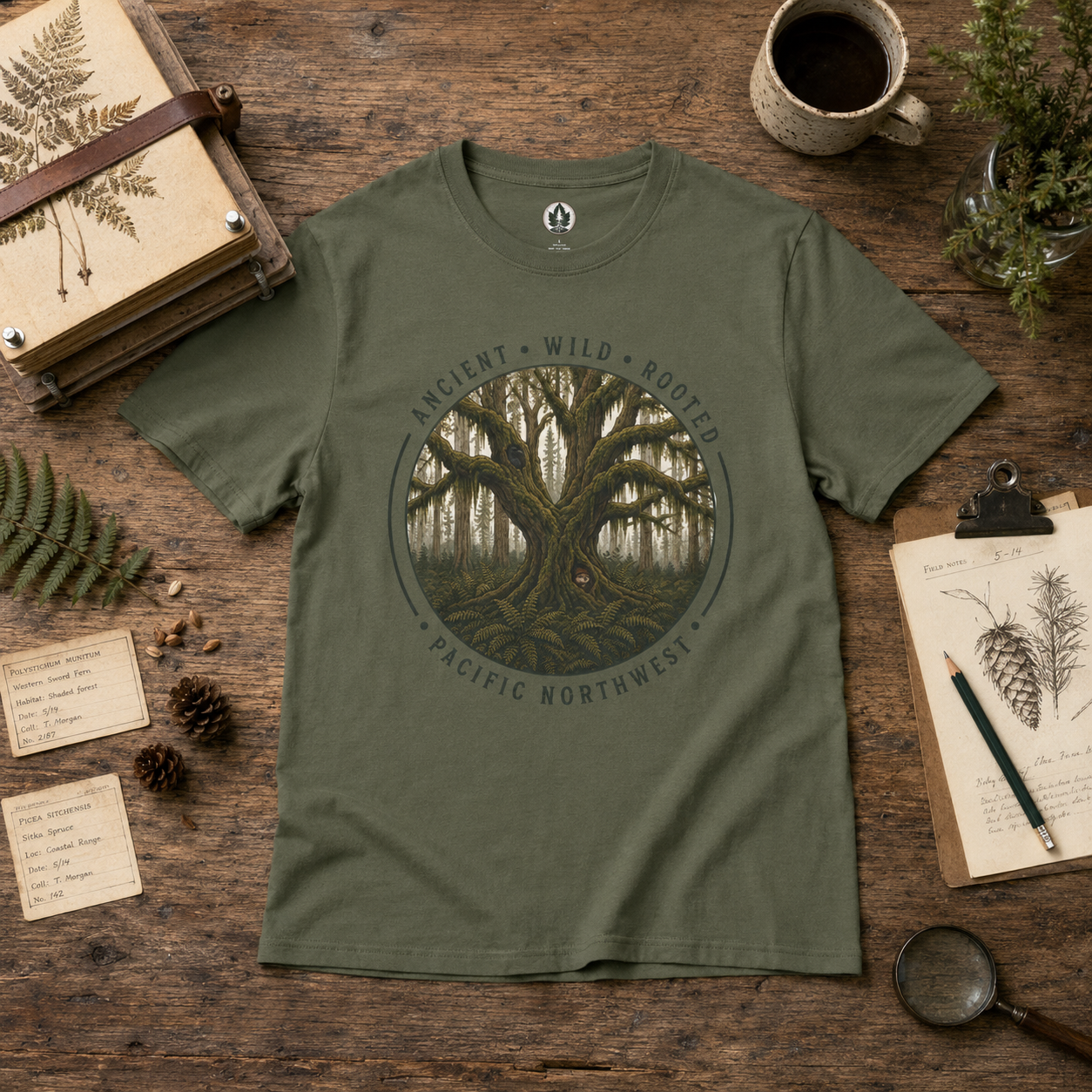 Pacific Northwest Tree T‑Shirt - "Ancient - Wild - Rooted" with Otto and Echo in the tree