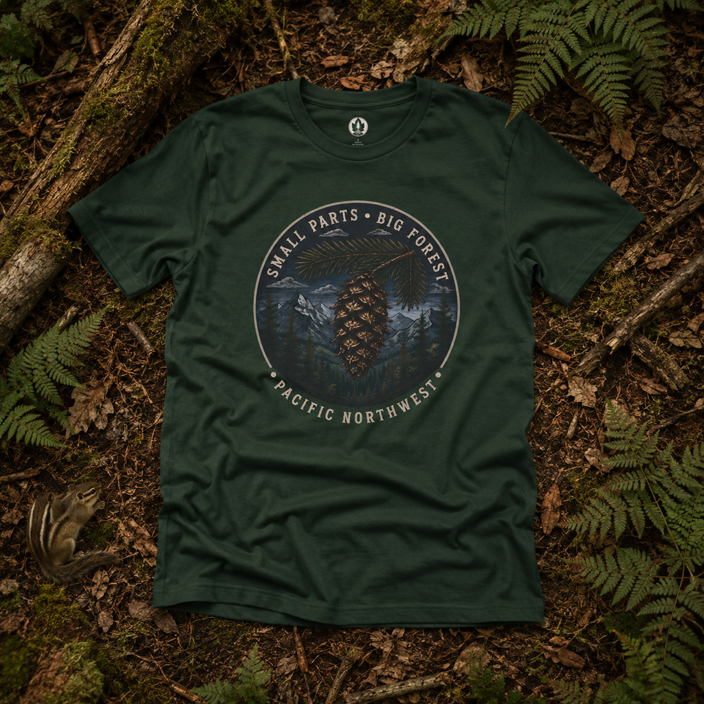 Pacific Northwest Tree T‑Shirt — “Small Parts - Big Forest” Tee