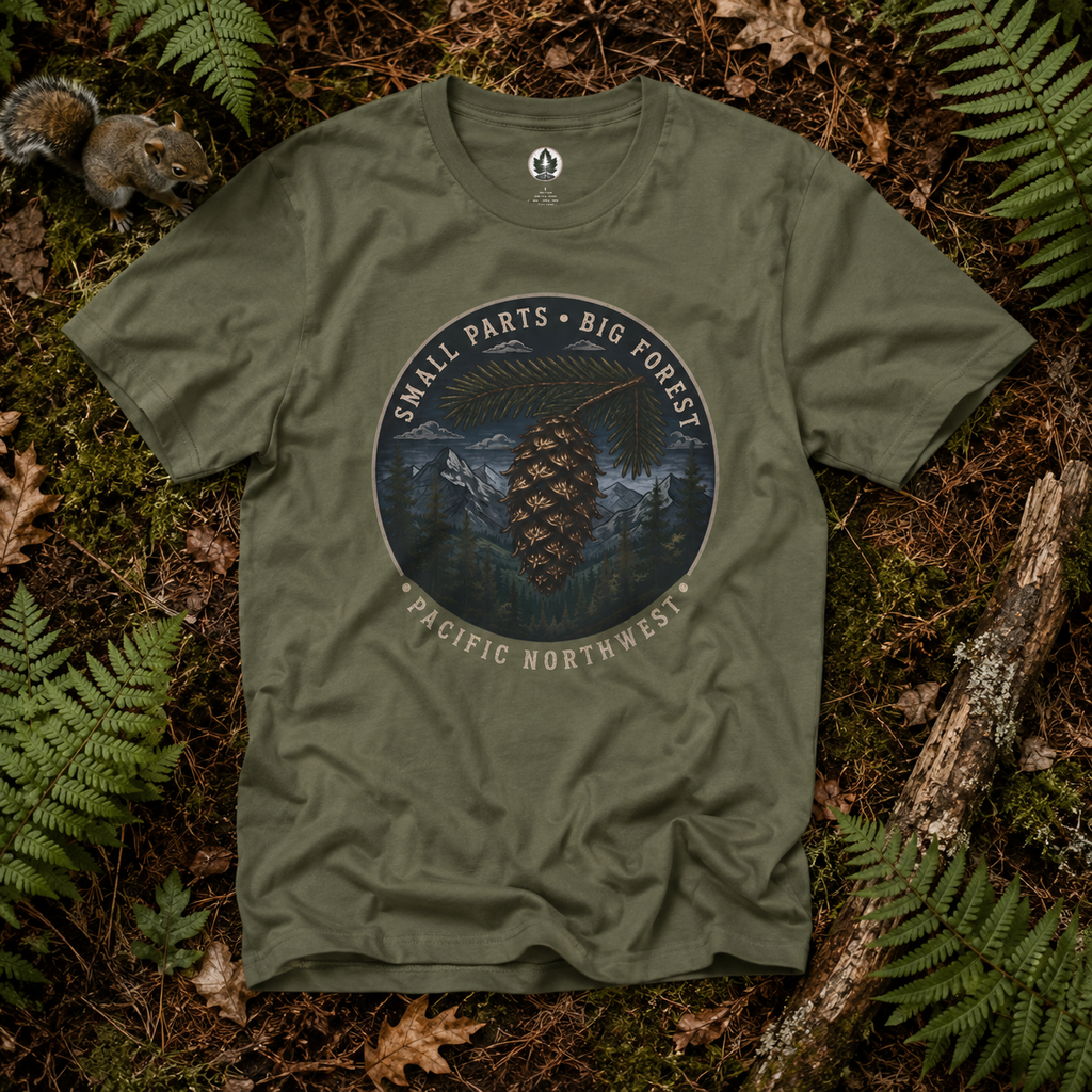 Pacific Northwest Tree T‑Shirt — “Small Parts - Big Forest” Tee