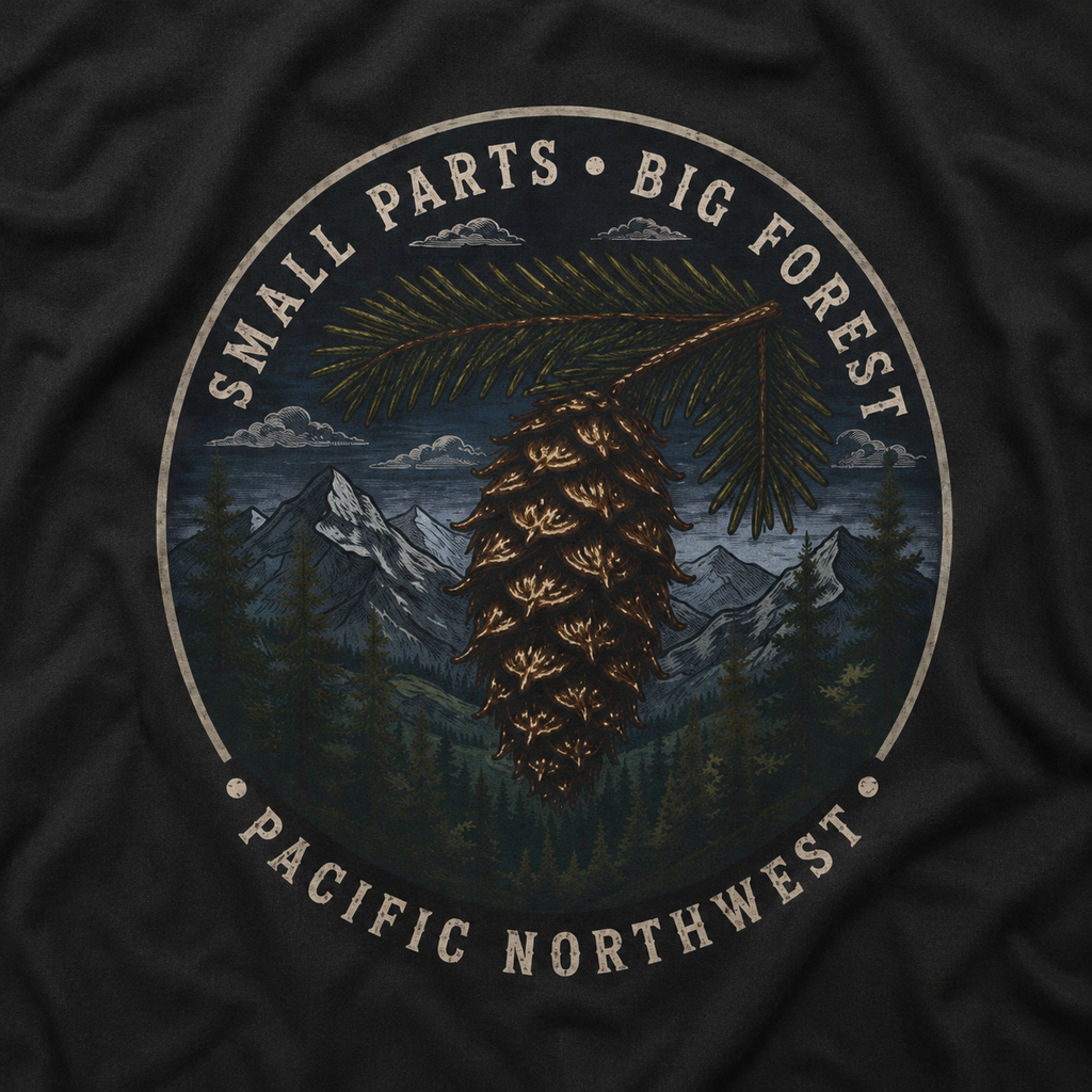 Pacific Northwest Tree T‑Shirt — “Small Parts - Big Forest” Tee