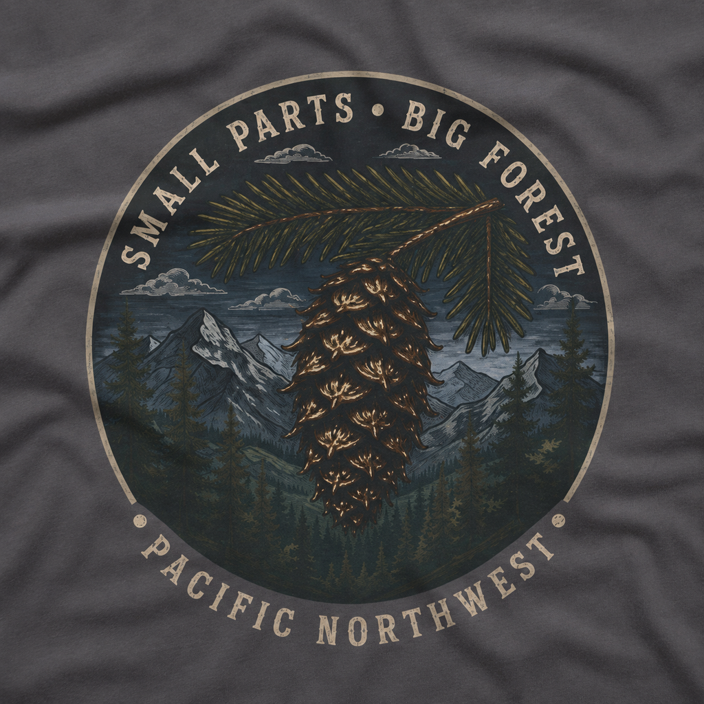 Pacific Northwest Tree T‑Shirt — “Small Parts - Big Forest” Tee