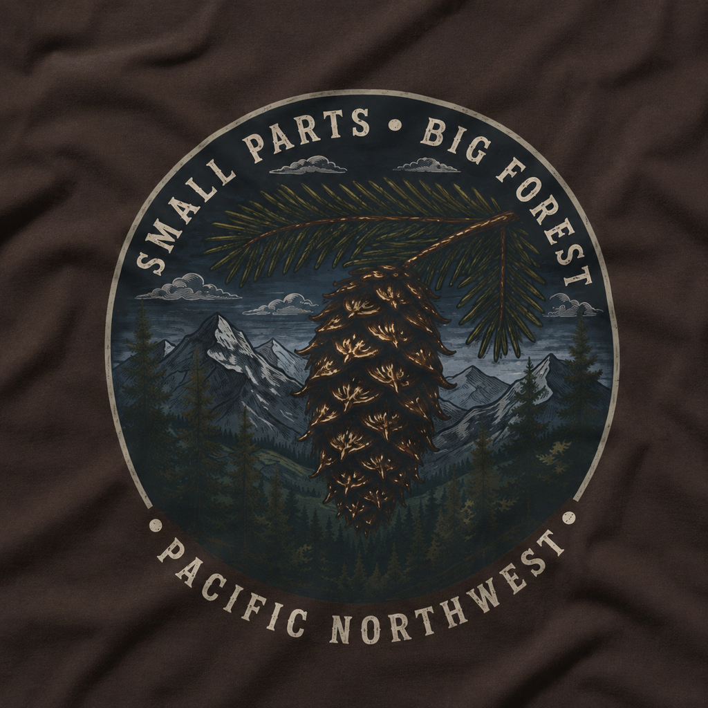 Pacific Northwest Tree T‑Shirt — “Small Parts - Big Forest” Tee