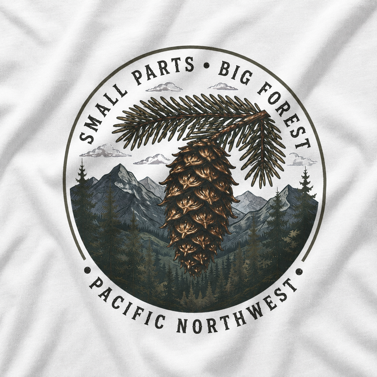Pacific Northwest Tree T‑Shirt — “Small Parts - Big Forest” Tee
