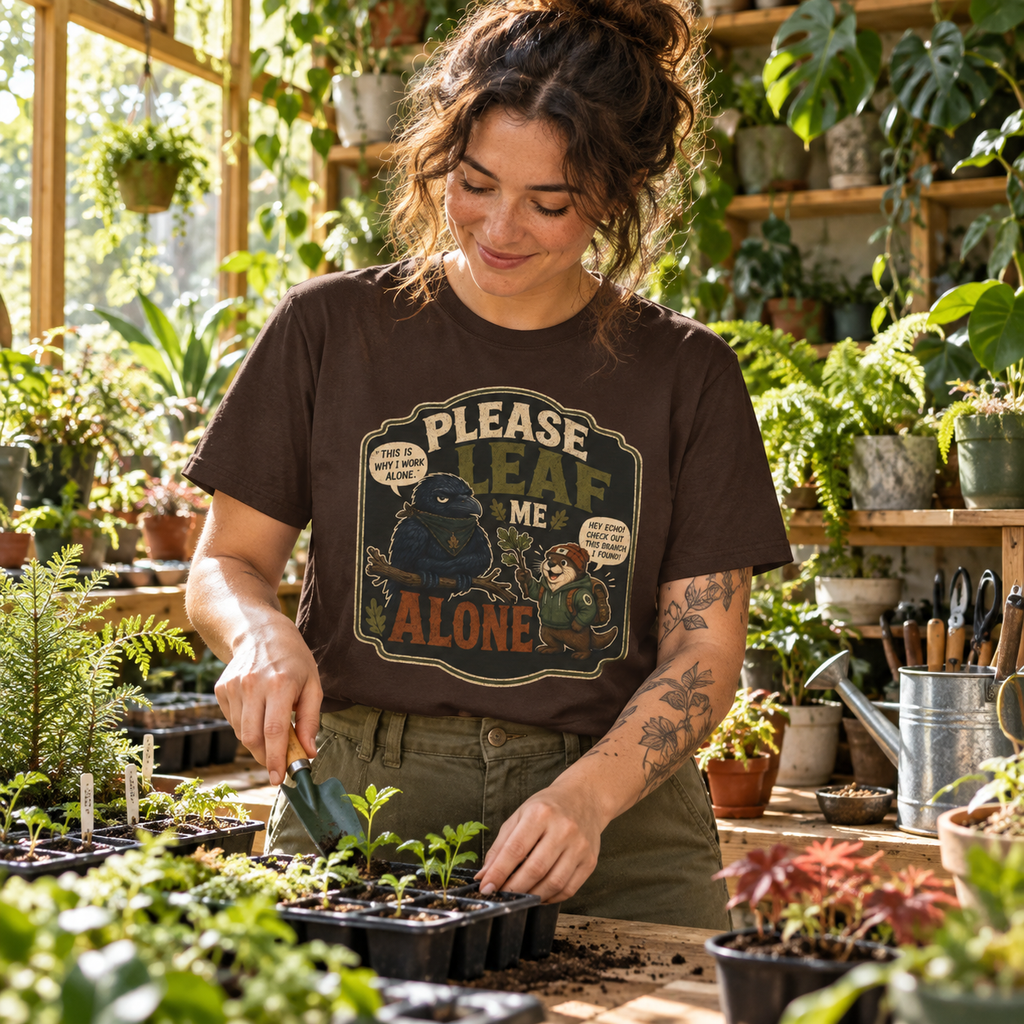 Please Leaf Me Alone (This is Why I Work Alone) Version 3 T‑Shirt