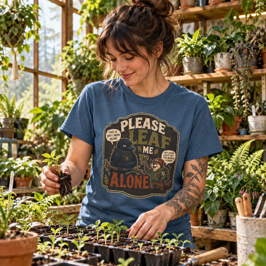 Please Leaf Me Alone (This is Why I Work Alone) Version 3 T‑Shirt